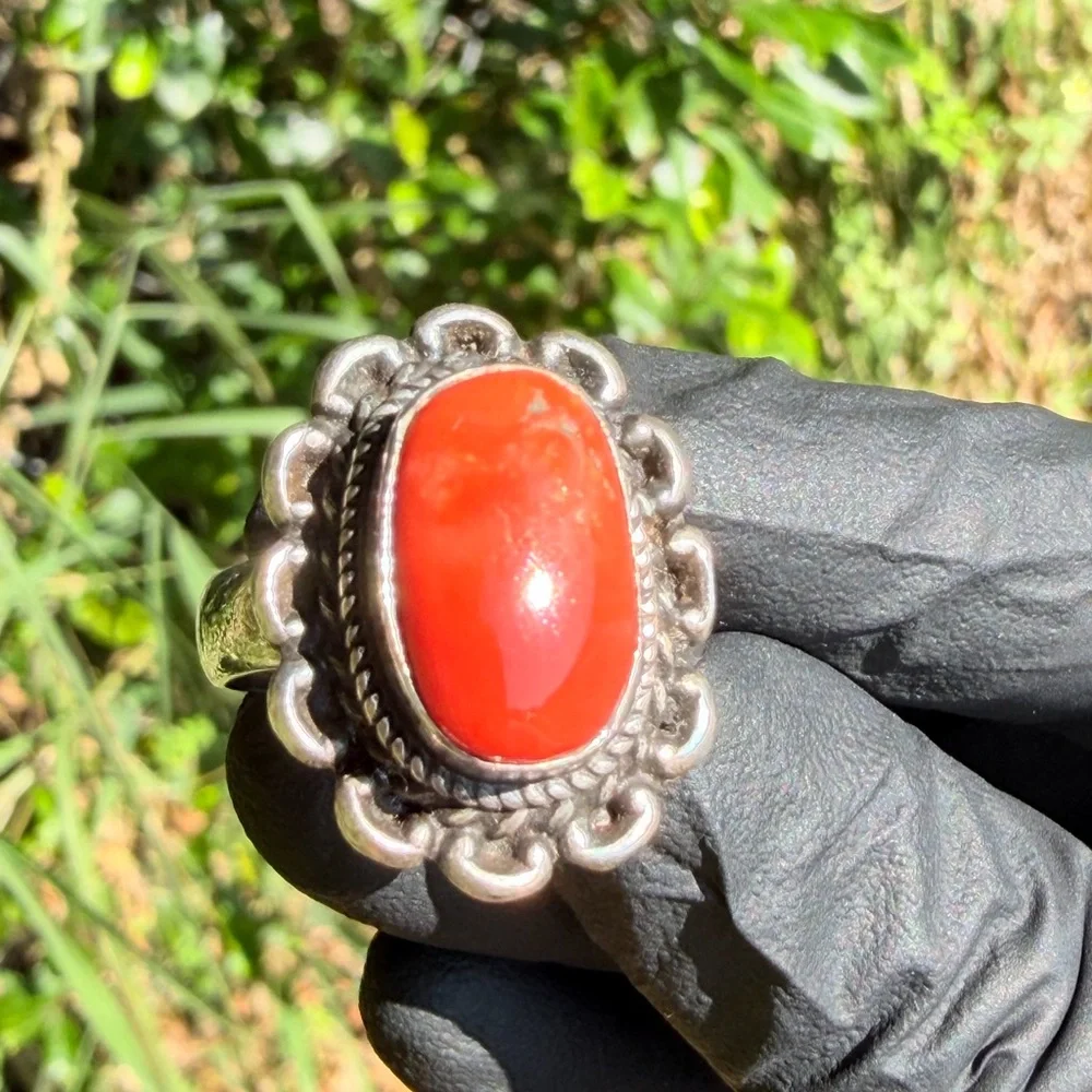 Vintage Coral Ring with Silver Setting